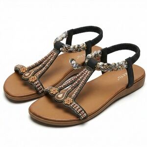 SIKETU Beaded Boho Sandals Size 9 Rhinestone T-Strap Elastic Comfort Flats